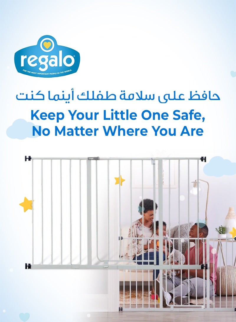 ريجالو بوابة أطفال سهلة الفتح | قابلة للتعديل | تناسب الفتحات من 74 إلى 119 سم (29-47 بوصة) | تصميم سهل المرور | ارتفاع 76 سم (30 بوصة) | مقبض لفتح بيد واحدة | إطار معدني متين | يتضمن امتدادات 10 و 30 سم - Image 2