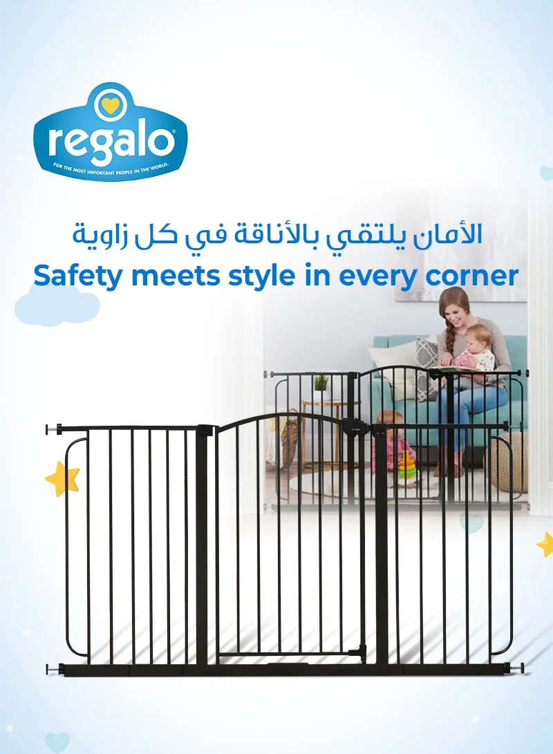 Regalo Extra Wide Safety Gate for Baby or Pet | Adjustable Metal Frame Fits 29 to 58 Inches Openings | Pressure Mount with Door | 30 Inches Tall | Walk Through | With Extensions | Bronze