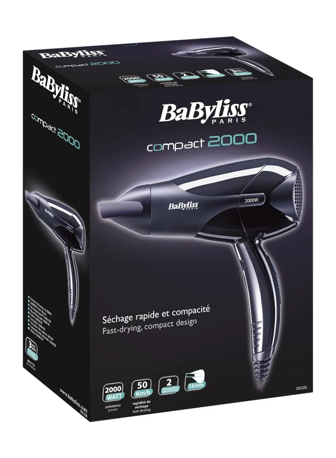 babyliss Powerlight 2000 Dryer, Lightweight And Powerful 2000W Dryer With Quick Drying Time, 2 Heat And 2 Speed Control, Easy To Handle And Efficient And Customizable Settings, D212Sde Black