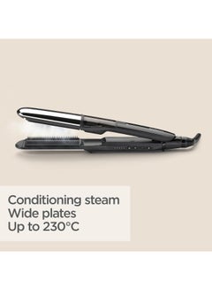 babyliss Steam Shine Styler Hair Straightener, Fast Heat-Up With 39mm Wide Diamond Ceramic Plates, 150°C to 230°C, 5 Heat Settings, Ionic Frizz Control, ST496SDE Black/Silver  - Image 4