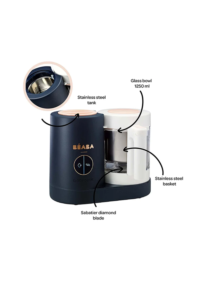 BEABA Babycook Neo - Baby Food Maker 4 In 1 Food Processor, Blender And Cooker - Soft Steamer Cooking Quick Homemade Baby Food - Glass Bowl - Stainless Steel Tub - Night Blue