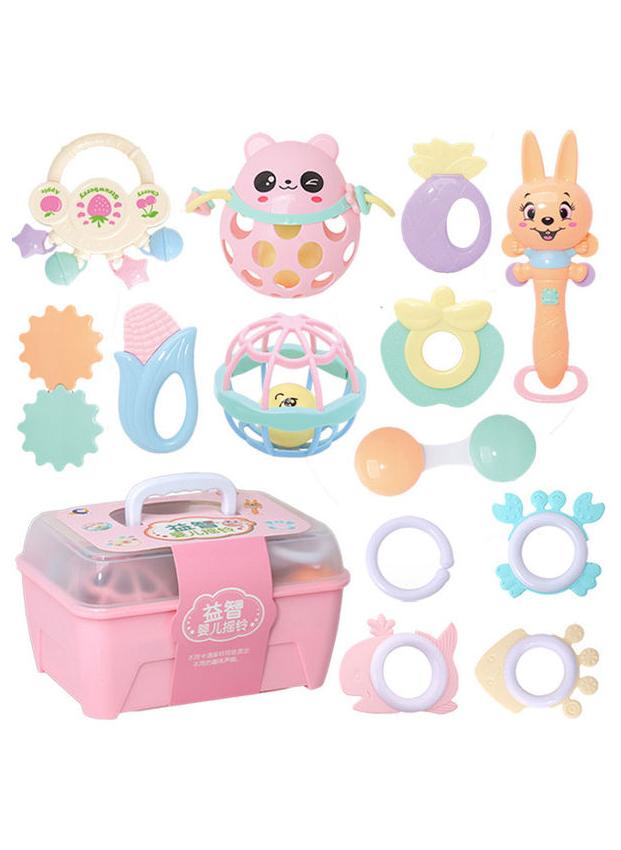 13-Piece Multi-Shaped Baby Rattle Toy Set With Pink Storage Box - Image 1
