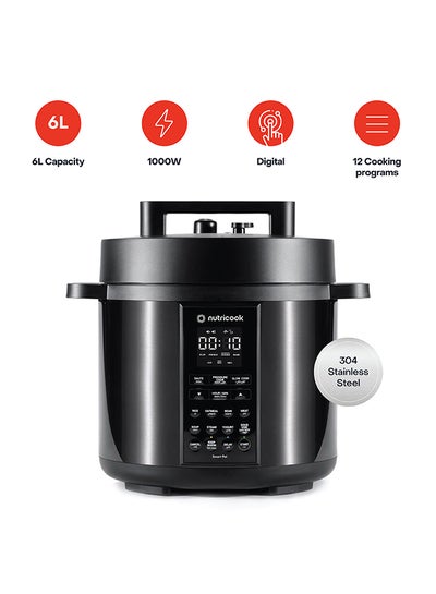 nutricook Electric Pressure Cooker, 6 Liters, Smart Pot 2,9 In 1 Rice Cooker, Slow Cooker, Steamer, Sauté Pot, Yogurt Maker & More, 12 Smart Programs With Smart Lid, 2 Years Warranty 6 L 1000 W NC-SP204K Black