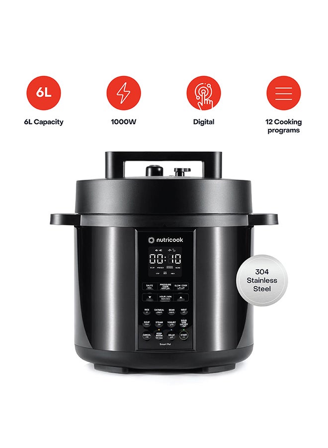 nutricook Electric Pressure Cooker, 6 Liters, Smart Pot 2,9 In 1 Rice Cooker, Slow Cooker, Steamer, Sauté Pot, Yogurt Maker & More, 12 Smart Programs With New Smart Lid, 2 Years Warranty 6 L 1000 W NC-SP204K Black - Image 1