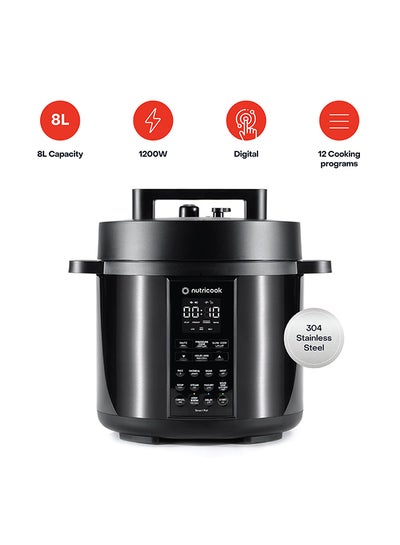 nutricook Electric Pressure Cooker,8 Liters, Smart Pot 2, 9 In 1 Rice Cooker, Slow Cooker, Steamer, Sauté Pot, Yogurt Maker & More, 12 Smart Programs With Smart Lid, 2 Years Warranty 8 L 1200 W NC-SP208K Black