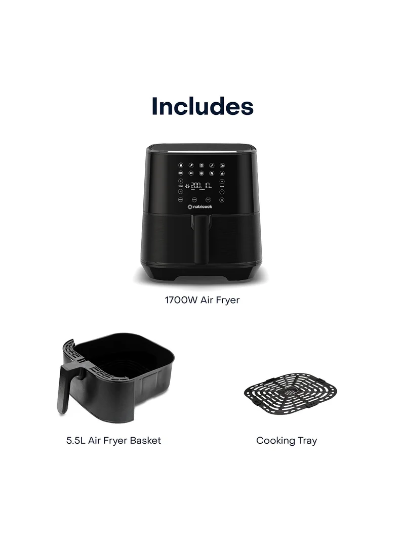 nutricook Air Fryer 2 Led One Touch Screen With 10 Presets, Preheat Celsius To Fahrenheit Conversion Auto Shut Off And Shake Reminder 5.5 L 1700 W AF205K Black