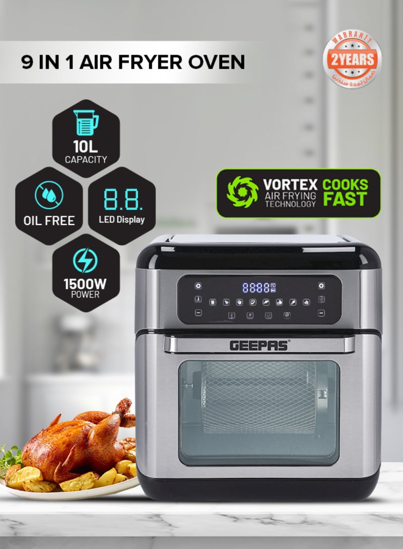 GEEPAS Air Fryer Oven Digital 9-In-1 Convection Air Fryer 10 L| Toaster Oven Combo Rotisserie & Dehydrator| Oil-Free Countertop Oven With Led Digital Touchscreen| 90 Min Timer 10 L 1500 W GAF37518 Silver/Black  - Image 1