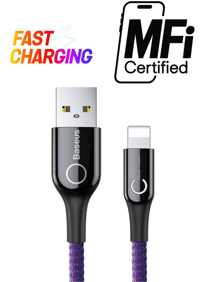 Baseus Lightning-Fast Charging Cable with Light Intelligent power-off 1M Nylon Braided Fast Charging & Sync - LED indicator, Compatible with iPhone 13 Pro/12/11/11 pro/11pro max/X XR Max 8 7 Plus and More Purple - Image 1