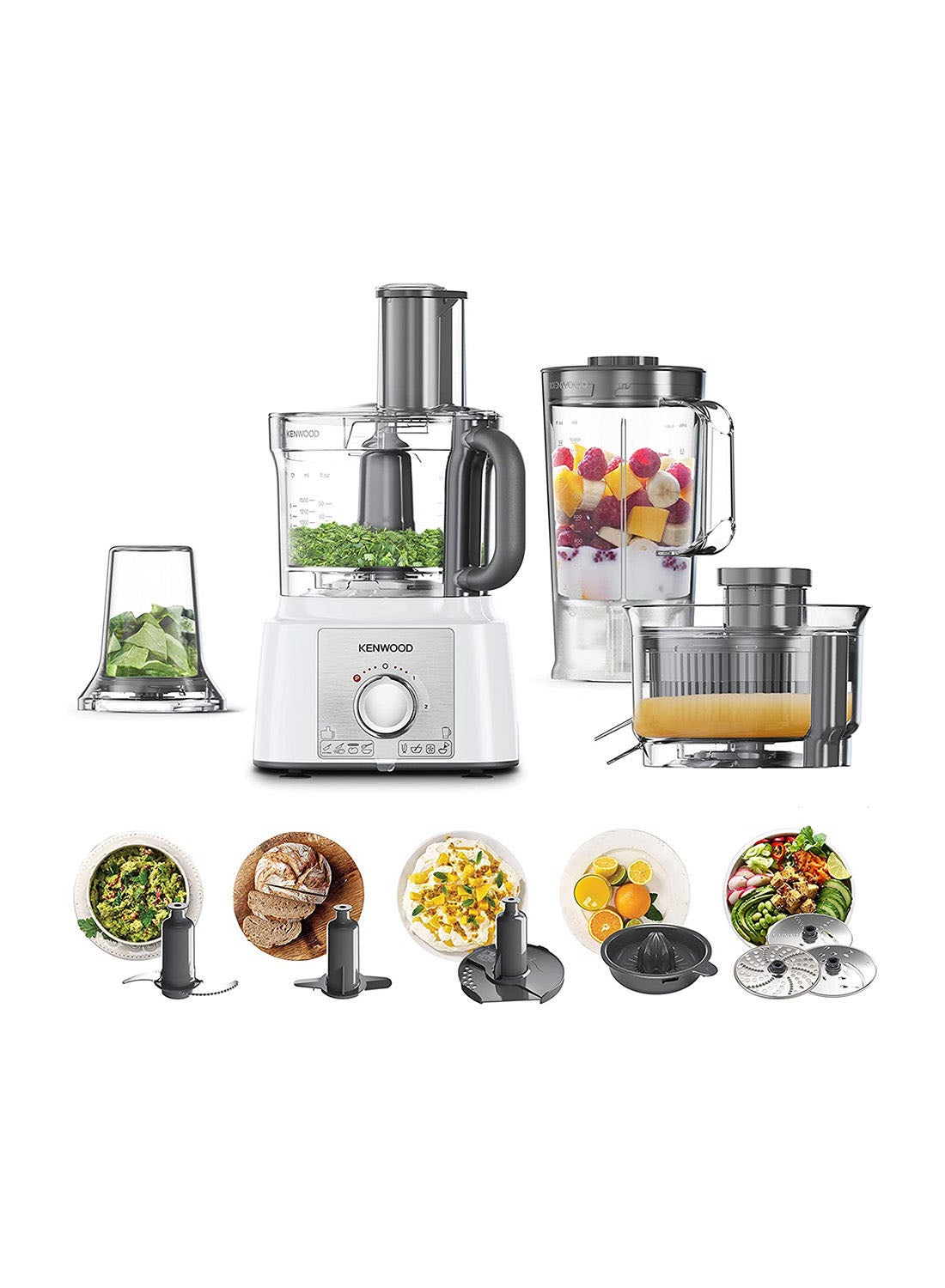 Food Processor, 1.5L Blender, 10 Attachments, 3 Stainless Steel Disks, Blender, Grinder, Juicer Extractor, Whisk, Dough Maker, Citrus Juicer 3 L 1000 W FDP65.750WH White