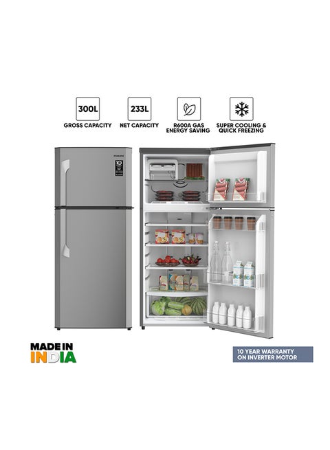 300L Gross / 223L Net, Double Door Refrigerator And Top Mount Frost Free Freezer, Toughened Glass Shelves, CFC Free Best For Home, Office And Restaurant, 10 Year Compressor Warranty, Made In India 398.95 kW NRF300FSS Grey