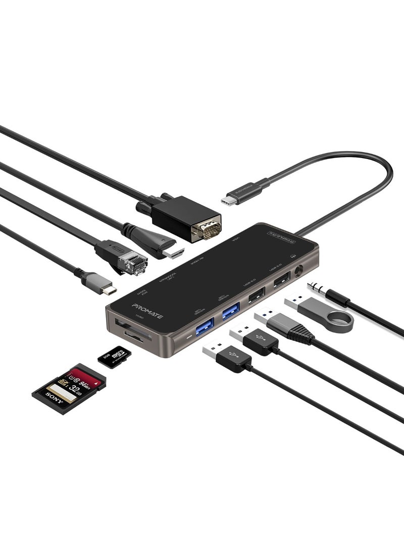 PROMATE - Promate USB-C Hub, 11-in-1 Type-C Multi-Port Adapter with 100W USB-C Power Delivery, 4K HDMI, 1080 VGA Port, RJ45 Port, AUX, TF/SD Card Slot and 4 USB Ports for MacBook Pro, MacBook Air, XPS, PrimeHub-Pro Black - Image 1