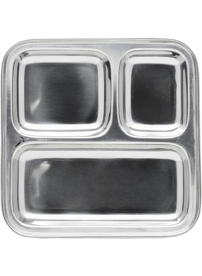 RAJ PAV BHAJI SQUARE TRAY, 3 COMPARTMENT TRAY, RPBT01, THALI, COMPARTMENT PLATE, SERVING TRAY Silver 22cm - Image 1