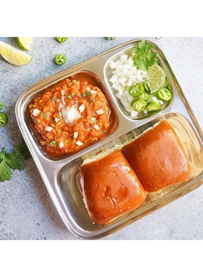 RAJ PAV BHAJI SQUARE TRAY, 3 COMPARTMENT TRAY, RPBT01, THALI, COMPARTMENT PLATE, SERVING TRAY Silver 22cm - Image 3