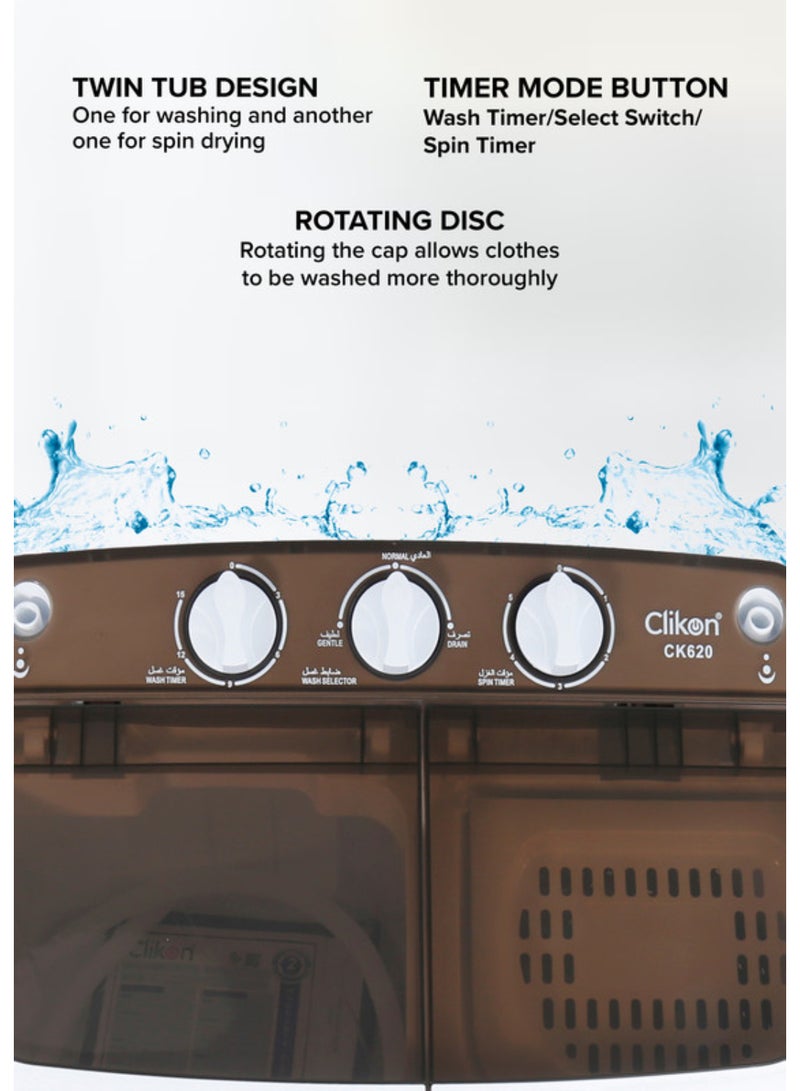 Clikon Twin Tub Washing Machine 2 Kg Washer + Dryer CK620 White - Image 4