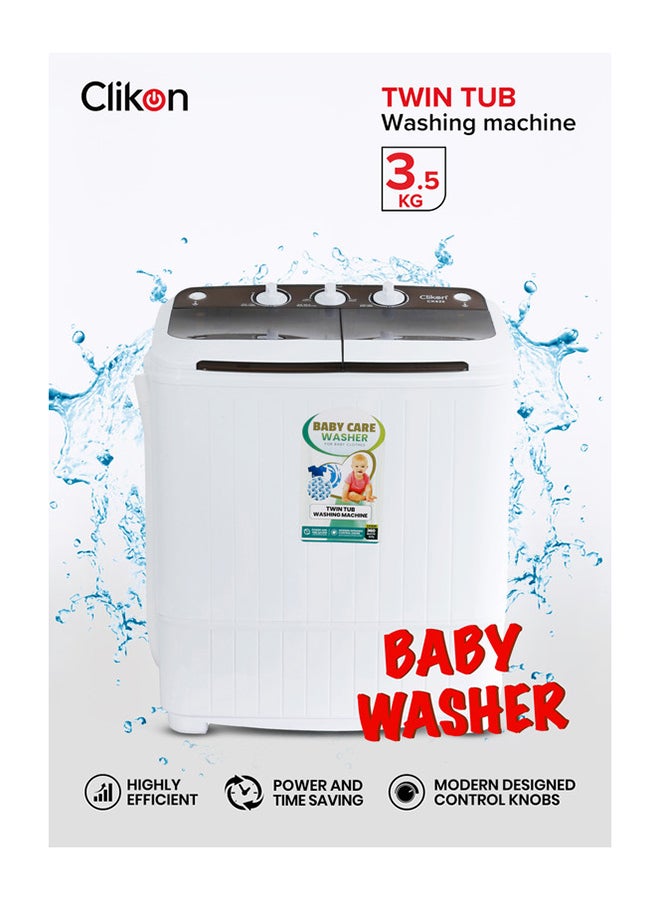Clikon Semi Automatic Mini Washing Machine| 3.5Kg |2 IN 1 Mini Compact Twin Tub Washing Machine| Washer & Spinner Combo With Timer CK620 White - Image 1