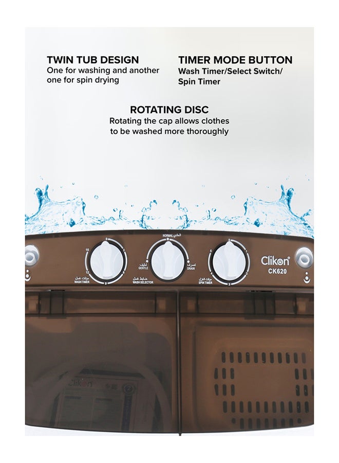 Clikon Semi Automatic Mini Washing Machine| 3.5Kg |2 IN 1 Mini Compact Twin Tub Washing Machine| Washer & Spinner Combo With Timer CK620 White - Image 4