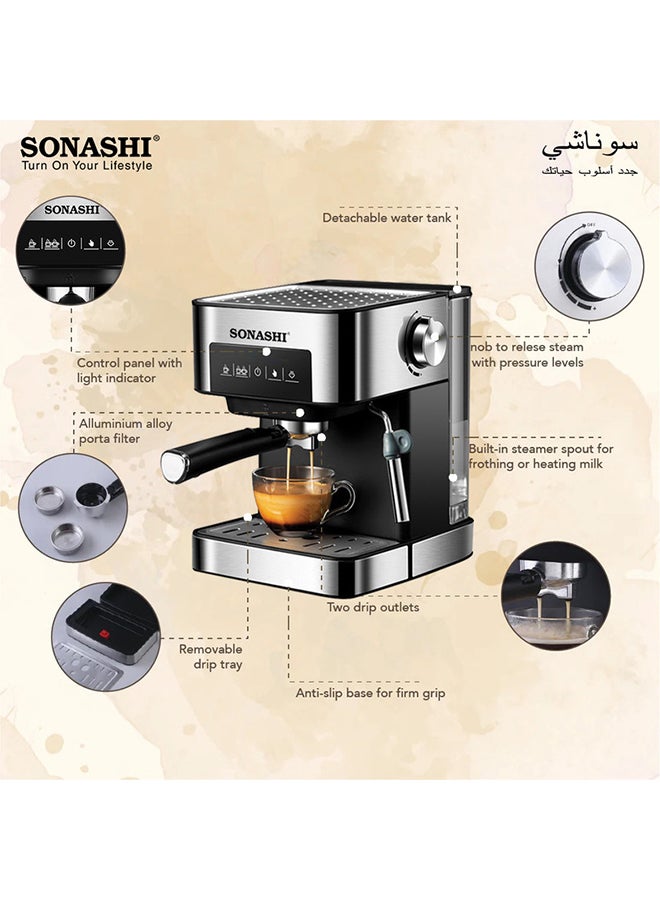 سوناشي ماكينة صنع القهوة الرقمية  15 بار  مع لوحة تحكم تعمل باللمس 1.6 L 850 W SCM-4964 فضي/أسود  - Image 4