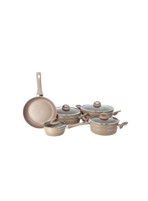9-Piece Smart Non-Stick Cookware Set RF9555BGE – 5-Layer Granite Coating, High-Quality Forged Aluminium Construction, Scratch Resistant, Tempered Glass Lids, Bakelite Handles, 3.8mm Thick Induction Base – Compatible with All Hob Types Beige 30X12.8cm