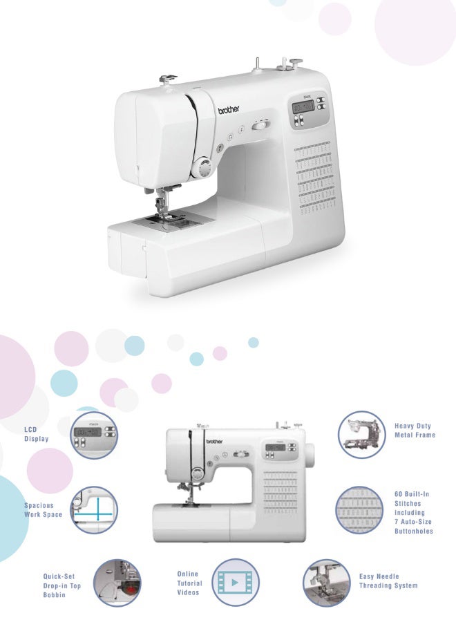 brother - Computerized Electric Sewing Machine With Heavy Duty Metal Frame For Improved Durability And Reduced Vibration And More Accurate Needle Positioning | Easy Needle Threading System And Lcd Display With Easy Stitch Selector | Powerful Motor And Built-In Needle Threader | Speed Controller Ideal For Fast Stitching And Durable Performanc | Made In Vietnam FS60X White - Image 1