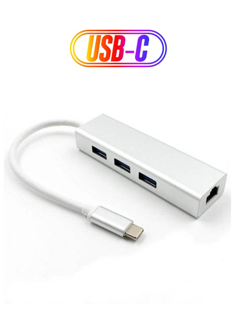 ماركة غير محددة موزع من USB Type C إلى 3 منافذ USB 3.0 مع محول إيثرنت، لون أبيض أبيض 