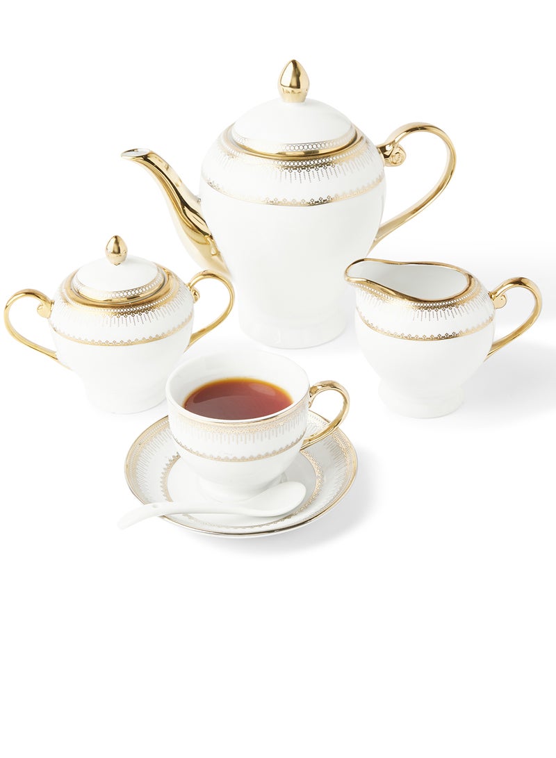 Noon East 56-Piece Porcelain Dinner Set, Plates, Cups, Bowls Serves 6 White /Gold Geo - Image 2