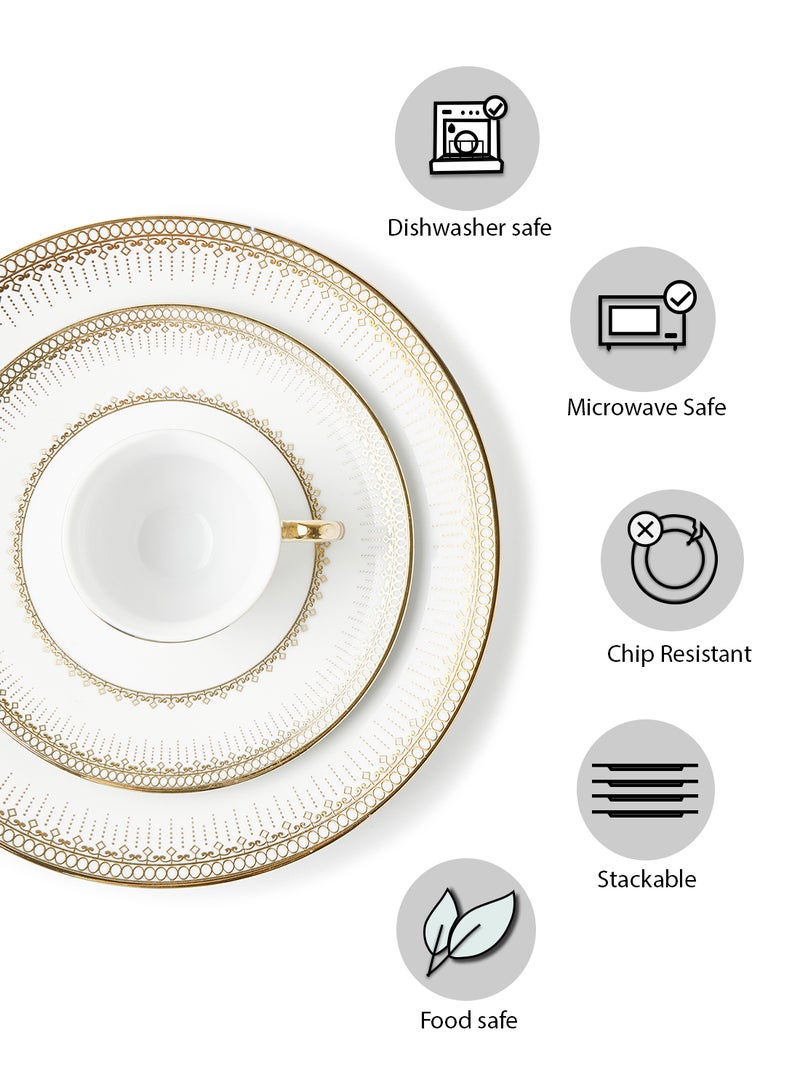 Noon East 56-Piece Porcelain Dinner Set, Plates, Cups, Bowls Serves 6 White /Gold Geo - Image 3