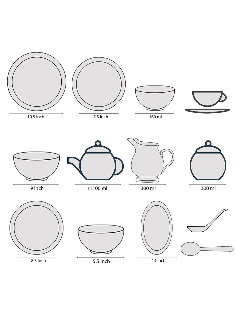 Noon East 56-Piece Porcelain Dinner Set, Plates, Cups, Bowls Serves 6 White /Gold Geo - Image 5