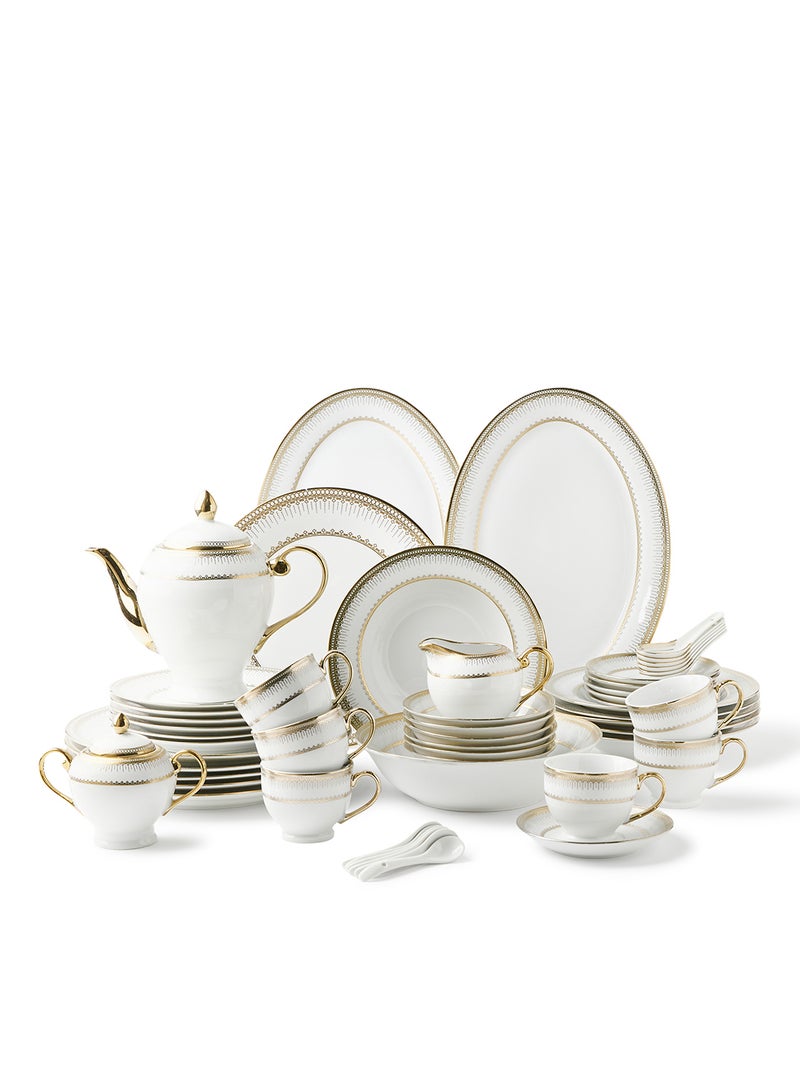 Noon East 56-Piece Porcelain Dinner Set, Plates, Cups, Bowls Serves 6 White /Gold Geo - Image 1