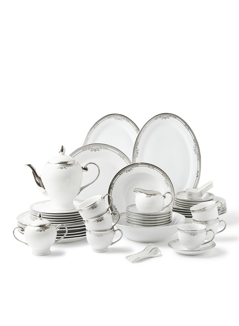Noon East 56 Piece Porcelain Dinner Set - Dishes, Plates - Dinner Plate, Side Plate, Bowl, Cups, Serving Dish And Bowl - Serves 6 - Festive Design White/Silverado White/Silverado - Image 1