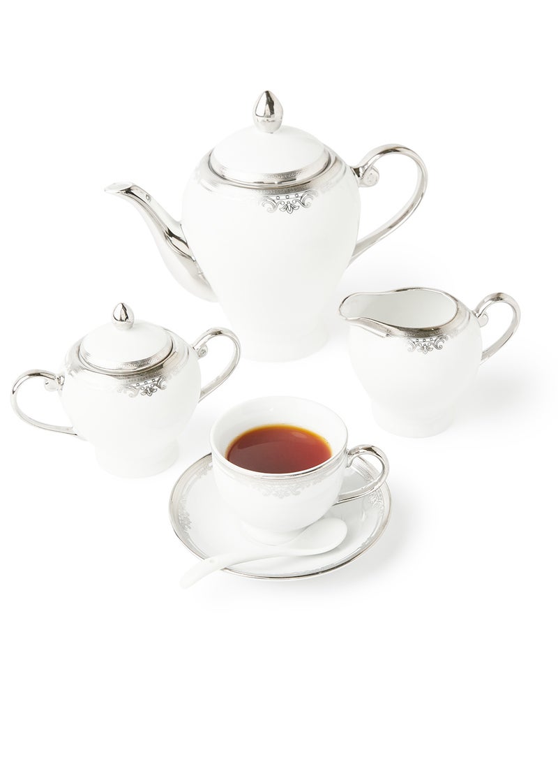 Noon East 56 Piece Porcelain Dinner Set - Dishes, Plates - Dinner Plate, Side Plate, Bowl, Cups, Serving Dish And Bowl - Serves 6 - Festive Design White/Silverado White/Silverado - Image 3