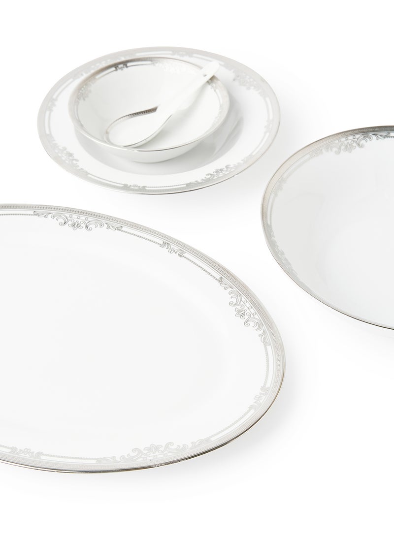 Noon East 56 Piece Porcelain Dinner Set - Dishes, Plates - Dinner Plate, Side Plate, Bowl, Cups, Serving Dish And Bowl - Serves 6 - Festive Design White/Silverado White/Silverado - Image 4