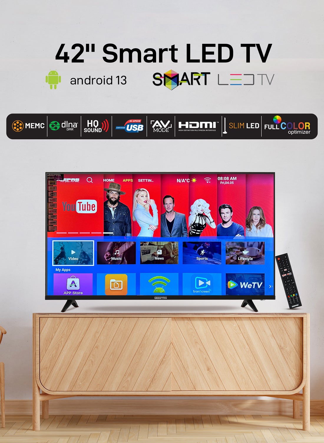 GEEPAS 42" Android Smart LED TV -Frameless, 1080 Full HD, Android 13, Color Temperature Adjustment, Progressive Scan, 2 USB & 2 HDMI Port, Headphone Jack, Remote Controller, Slim LED, 1 GB RAM GLED4207XFHD Black 