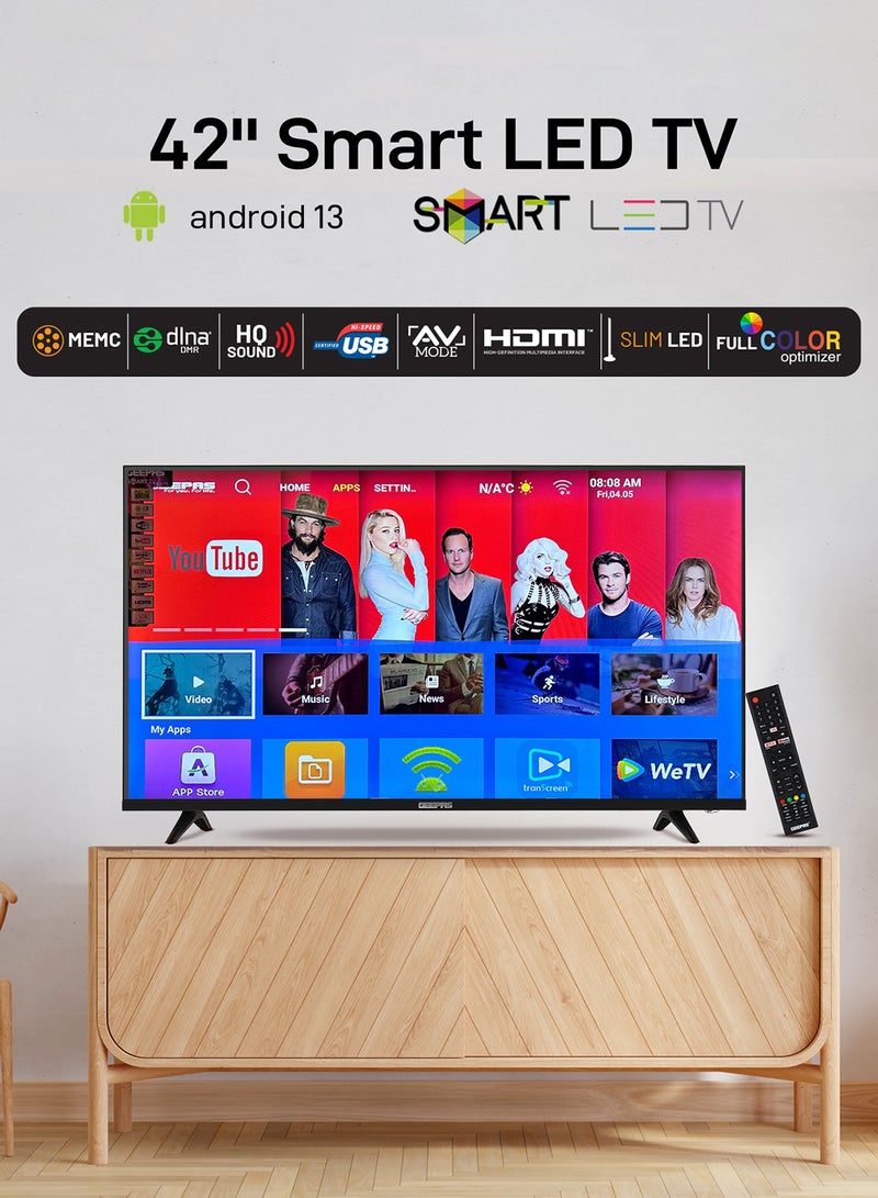 GEEPAS - 42" Android Smart LED TV -Frameless, 1080 Full HD, Android 13, Color Temperature Adjustment, Progressive Scan, 2 USB & 2 HDMI Port, Headphone Jack, Remote Controller, Slim LED, 1 GB RAM GLED4207XFHD Black - Image 1
