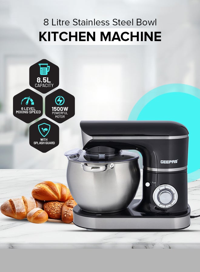 GEEPAS - Stand Mixer with Stainless Steel Mixing Bowl 6 Speed with Pulse or Eject Button Whisk Beaters Dough Hook LED power indicator Ideal for Bread and Dough 8.5 L 1500 W GSM43040 Black - Image 1