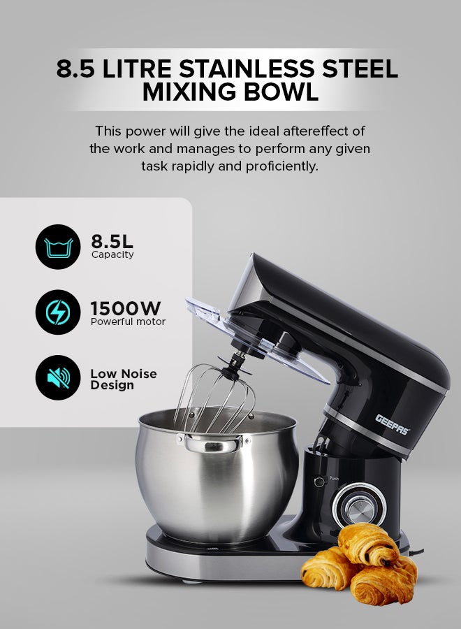 GEEPAS - Stand Mixer with Stainless Steel Mixing Bowl 6 Speed with Pulse or Eject Button Whisk Beaters Dough Hook LED power indicator Ideal for Bread and Dough 8.5 L 1500 W GSM43040 Black - Image 1