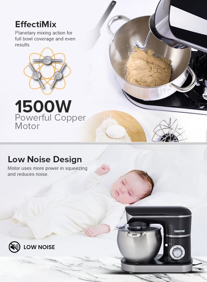 GEEPAS - Stand Mixer with Stainless Steel Mixing Bowl 6 Speed with Pulse or Eject Button Whisk Beaters Dough Hook LED power indicator Ideal for Bread and Dough 8.5 L 1500 W GSM43040 Black - Image 1