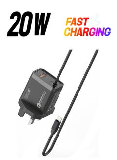 iPhone Charger, Fast Charging 20W Power Delivery Wall Charger with 1.5m Lightning Cable, Quick Charge 3.0 USB Port and Adaptive Fast Charging for iPhone 12,12 Pro,Galaxy S21/S21+, iCharge-PDQC3-UK-Black Black