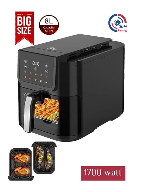 Air Fryer 8 Liter With Clear Window And Internal Light, Slim XL Digital Air Fryer, Roast, Bake, Dehydrate & Reheat, 10 Presets 8 L 1700 W FBE1008B Silver/Black