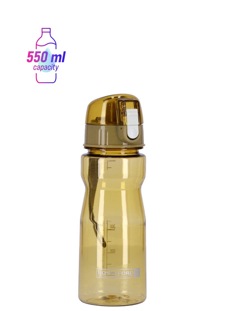 Royalford Water Bottle- Reusable Water Bottle | Wide Mouth with Hanging Clip | Button Lock Lid with Transparent Body | Perfect while Travelling Golden 600ml  - Image 1