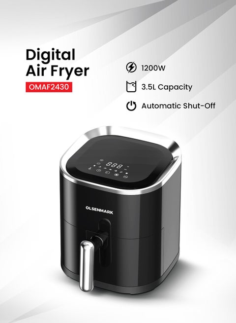 3.5L Digital Air Fryer – Oil-Free Healthy Cooking with Non-Stick Pot & Tray | 80% Less Fat | Auto Shut-Off & Ready Alert | Adjustable Temperature Control | 1200W High-Performance Air Circulation 3.5 L 1200 W OMAF2430 Black