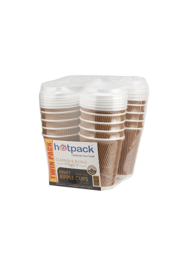 Hotpack Disposable Twin Pack Kraft Ripple Hot & Cold Coffee Cup 8 ounce with White Lid, 20 Pieces Brown - Image 1