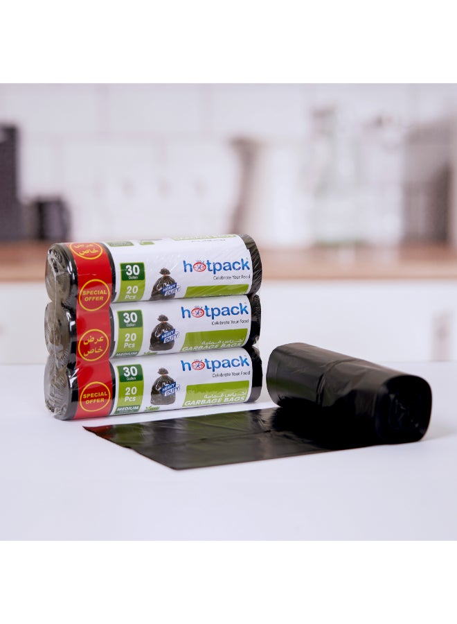 Hotpack - 20-Piece x 3 Heavy Duty Garbage Bag Roll 30 Gallon Black 65x95cm - Image 1