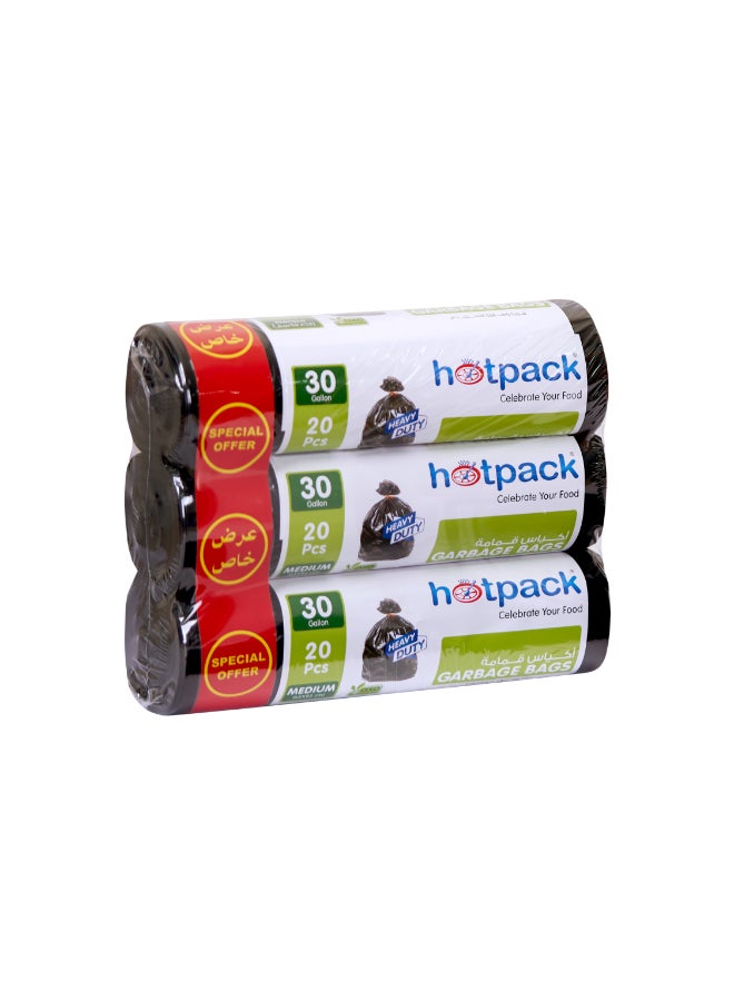 Hotpack - 20-Piece x 3 Heavy Duty Garbage Bag Roll 30 Gallon Black 65x95cm - Image 1