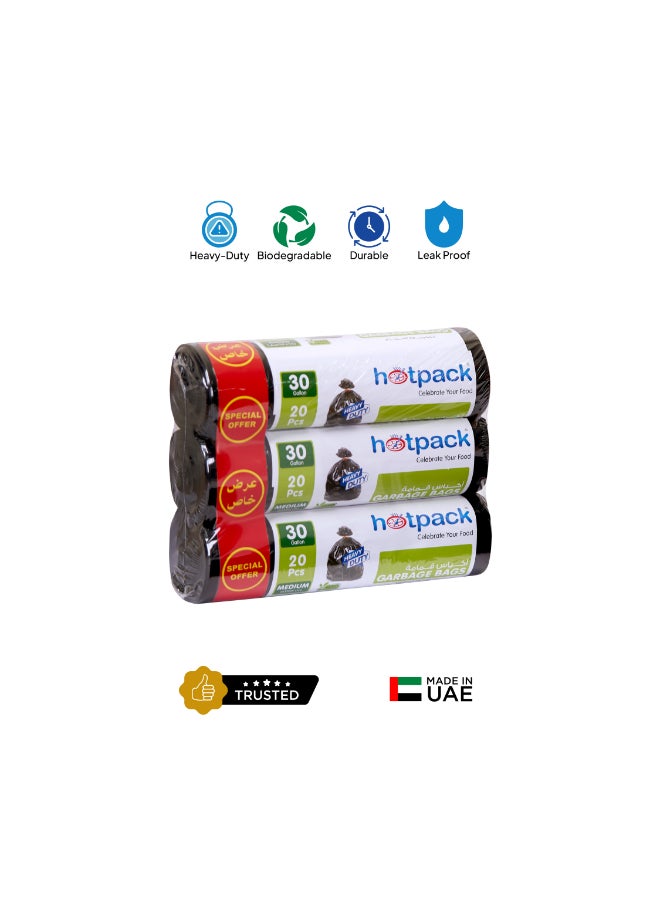 Hotpack - 20-Piece x 3 Heavy Duty Garbage Bag Roll 30 Gallon Black 65x95cm - Image 1