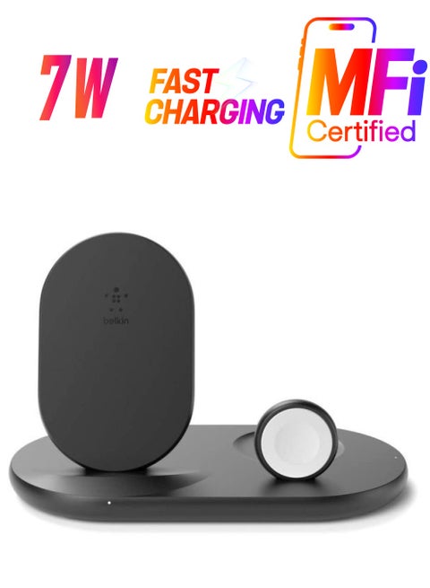 BoostCharge 3-In-1 Wireless Charger, Apple Charger - 7.5W Fast Qi Certified Wireless Charger For iPhone 15, 14, 13, Apple Watch Series 9,8,7 And Airpods Pro Qi Enabled Devices Black