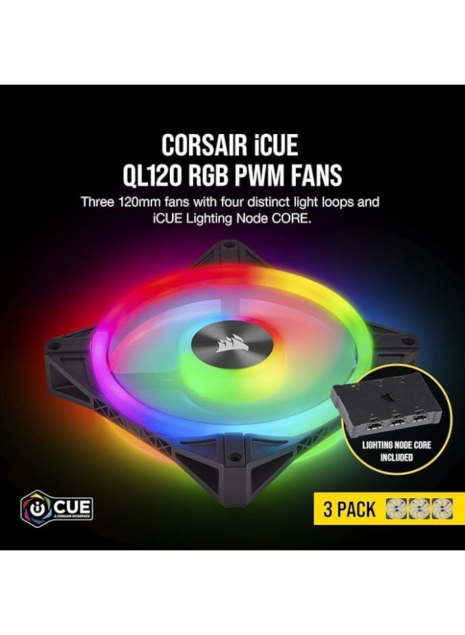 QL Series, QL120 RGB, 120mm RGB LED Fan, Triple Pack with Lighting Node Core