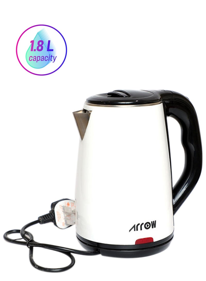 Arrow Electric Kettle With Stainless Steel Body And Double Layer Protection/Quickly Start Re-boil At The Touch Of The Switch/Permits Fast And Easy Cleaning/Automatically Turns Off When Water Boils 1.8 L 1500 W RO-18LKT White/Black  - Image 1