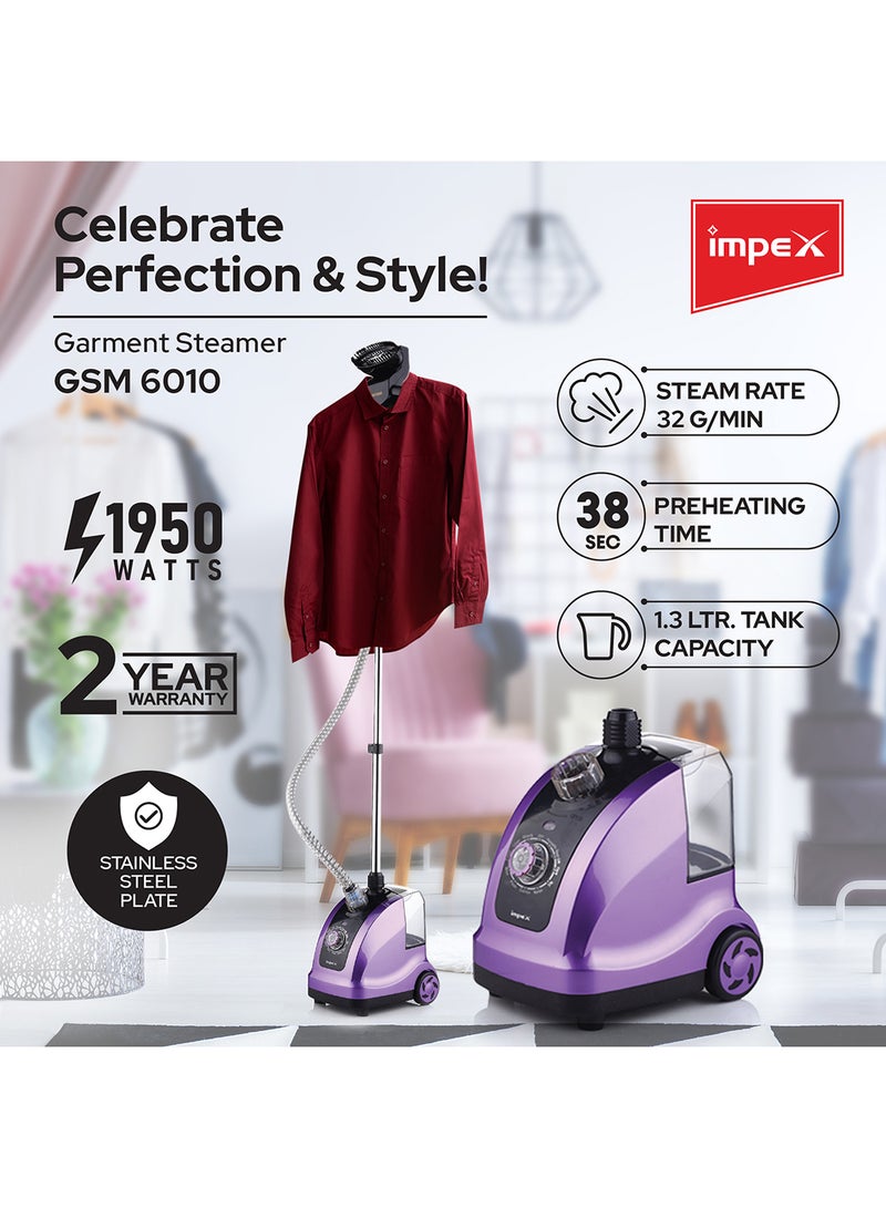Impex - Electric Garment Steamer, 1950W, 38s Preheat, 32g/min Steam Rate, 1.3L WaterTank, 40Min Runtime, AdjustableAluminum Pole, Coat Hanger, Brush & GloveAccessories, Hairbrush Head 1.3 L 1950 W GSM 6010 Purple/Black/Clear - Image 1