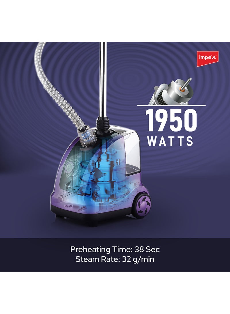 Impex - Electric Garment Steamer, 1950W, 38s Preheat, 32g/min Steam Rate, 1.3L WaterTank, 40Min Runtime, AdjustableAluminum Pole, Coat Hanger, Brush & GloveAccessories, Hairbrush Head 1.3 L 1950 W GSM 6010 Purple/Black/Clear - Image 1