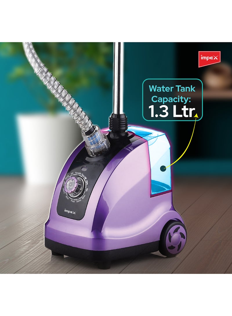 Impex - Electric Garment Steamer, 1950W, 38s Preheat, 32g/min Steam Rate, 1.3L WaterTank, 40Min Runtime, AdjustableAluminum Pole, Coat Hanger, Brush & GloveAccessories, Hairbrush Head 1.3 L 1950 W GSM 6010 Purple/Black/Clear - Image 1